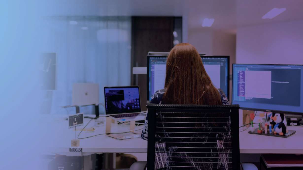 Female worker compiling data