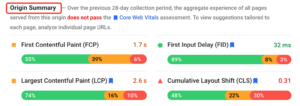 Origin Summary results shown on the PageSpeed Insights tool.