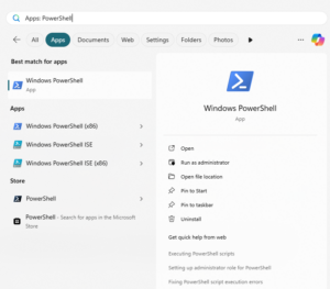 A screenshot of the Start Menu on a Windows, displaying the PowerShell option and clipboard-related topics.