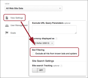Bot filtering checkbox in Google Analytics