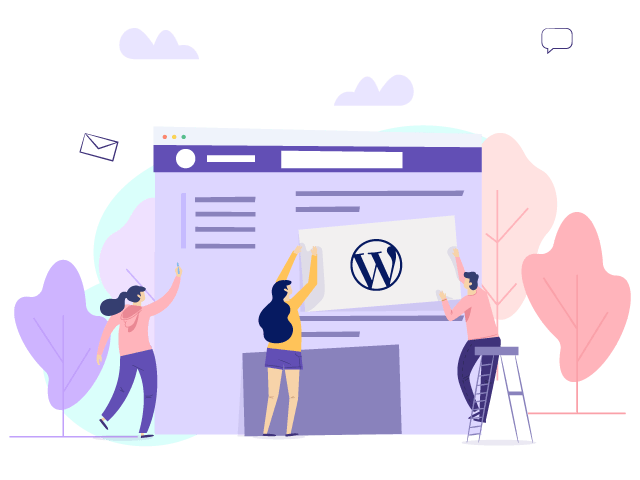 Servergigabit illustration of employees working on a WordPress Hosting Project